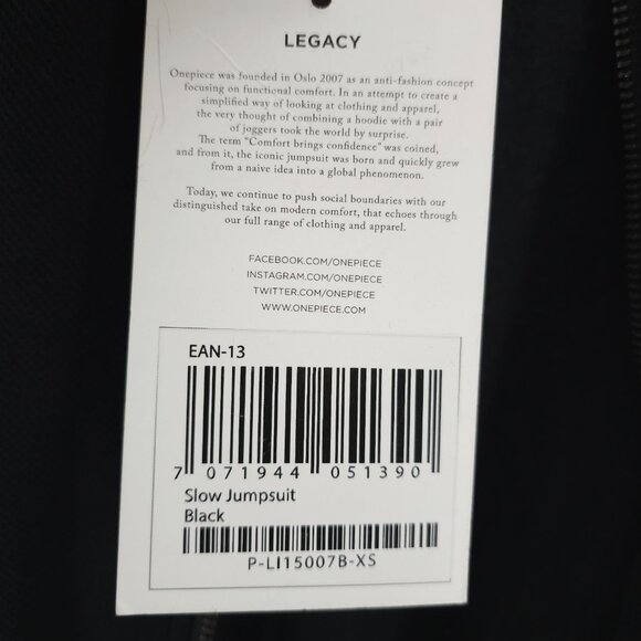 NWT ONEPIECE Slow Jumpsuit Black Hooded Cotton Blend Long Sleeve Unisex Size XS - Picture 6 of 9